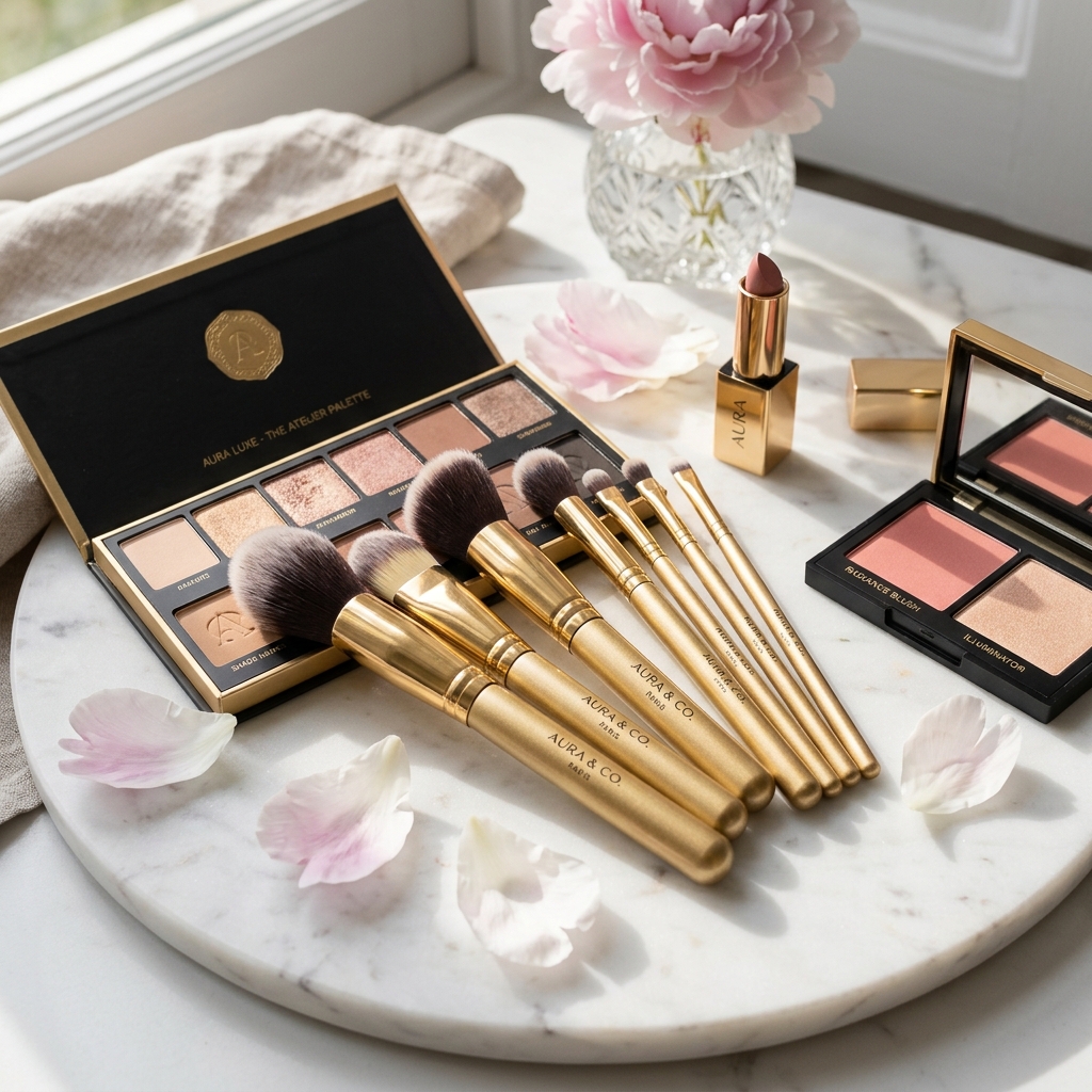 Premium luxury gold-handled cosmetic palettes and brushes arranged on a white marble surface