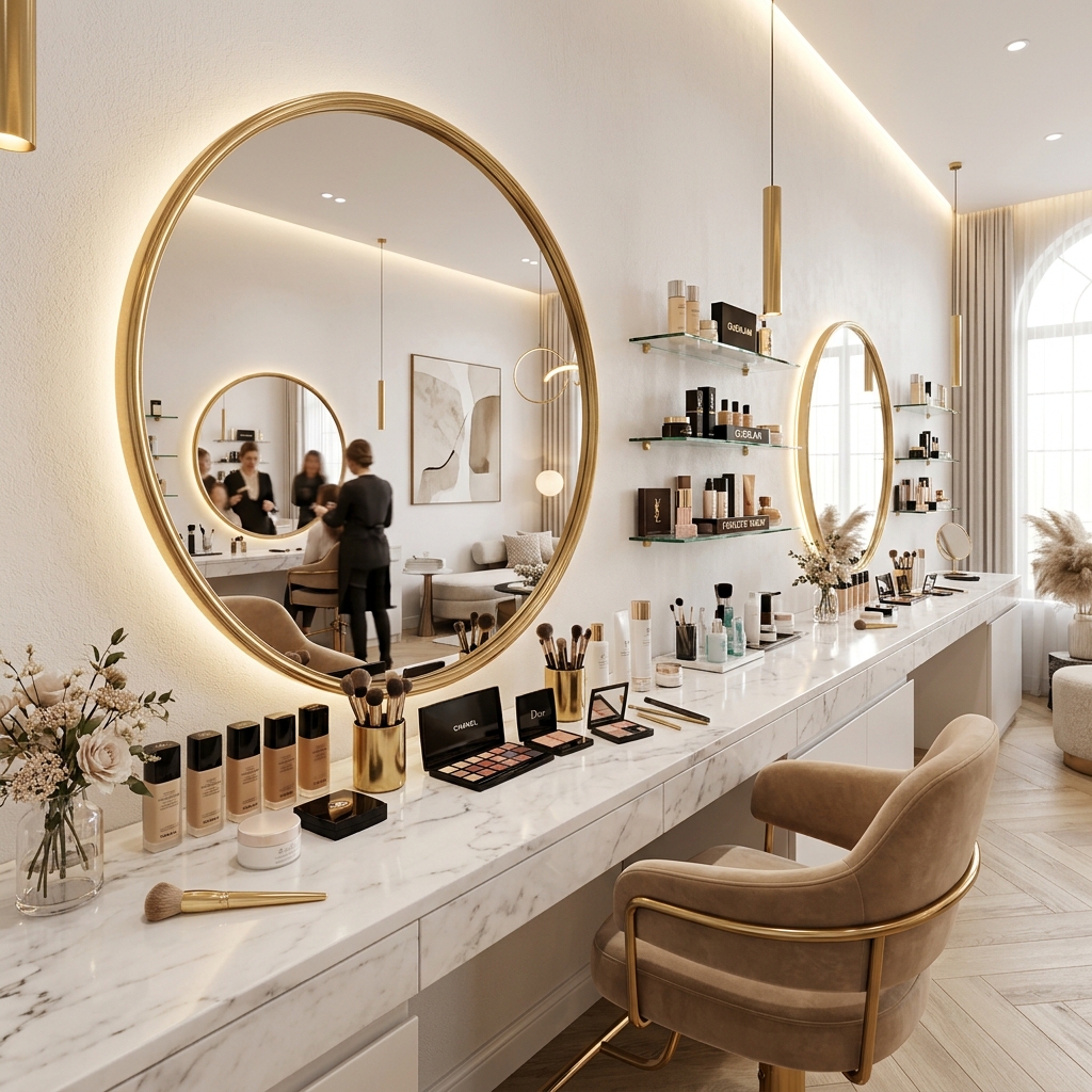 Sleek modern MiaLuxe luxury makeup salon studio interior with gold mirrors
